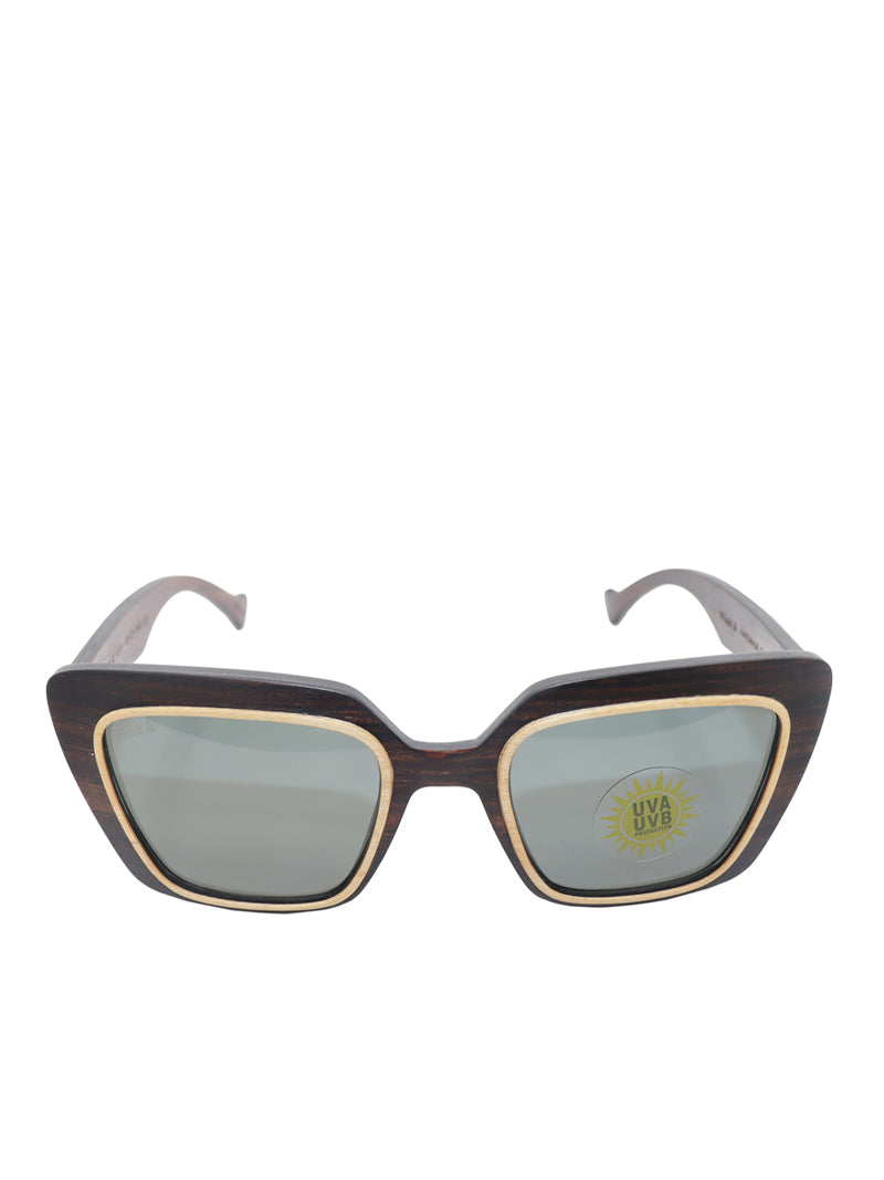 Wood& Brown Cat-Eye Wood-Frame Full Rim Sunglasses