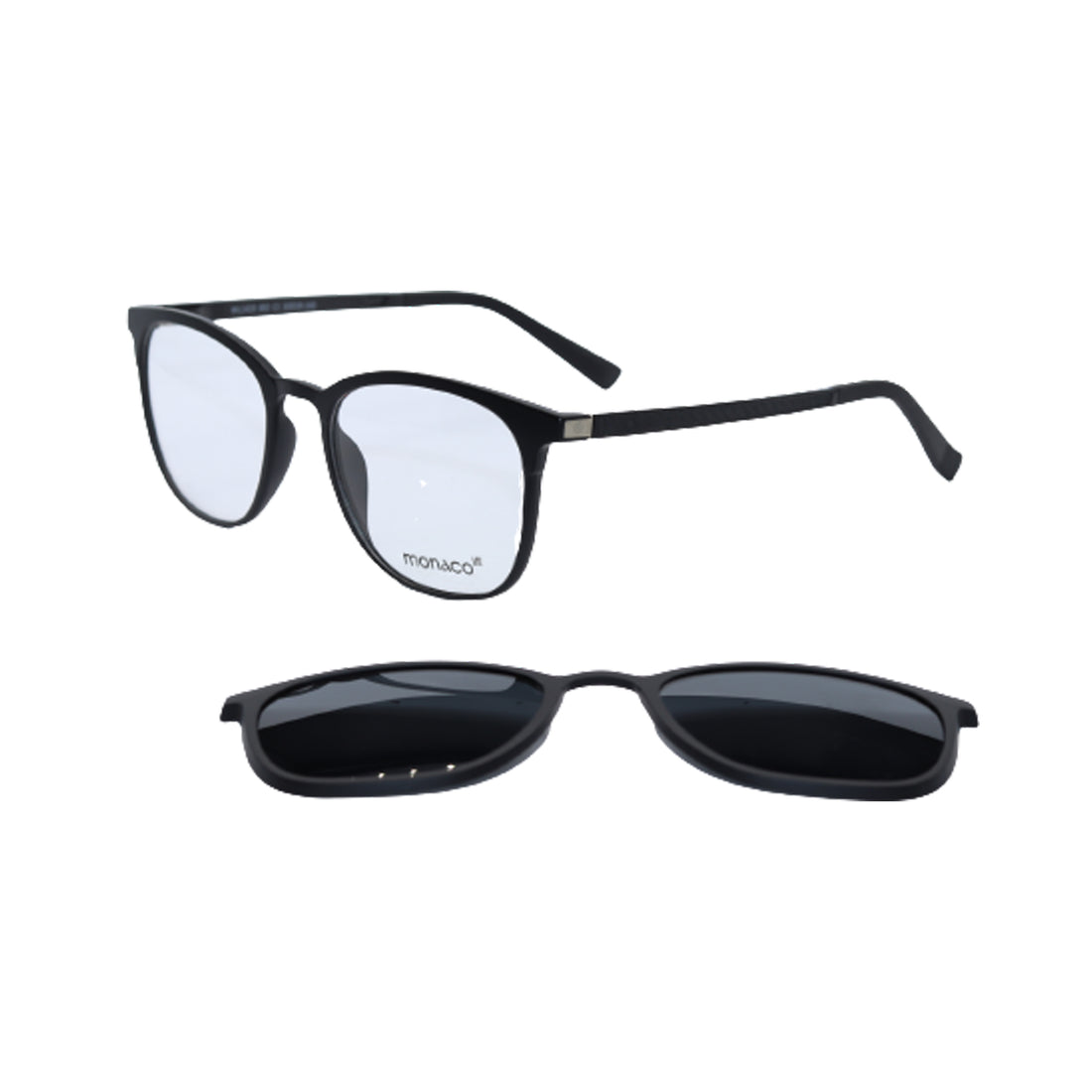 Monaco Black Square Acetate Full Rim 2-in-1 Eyeglasses/Sunglasses